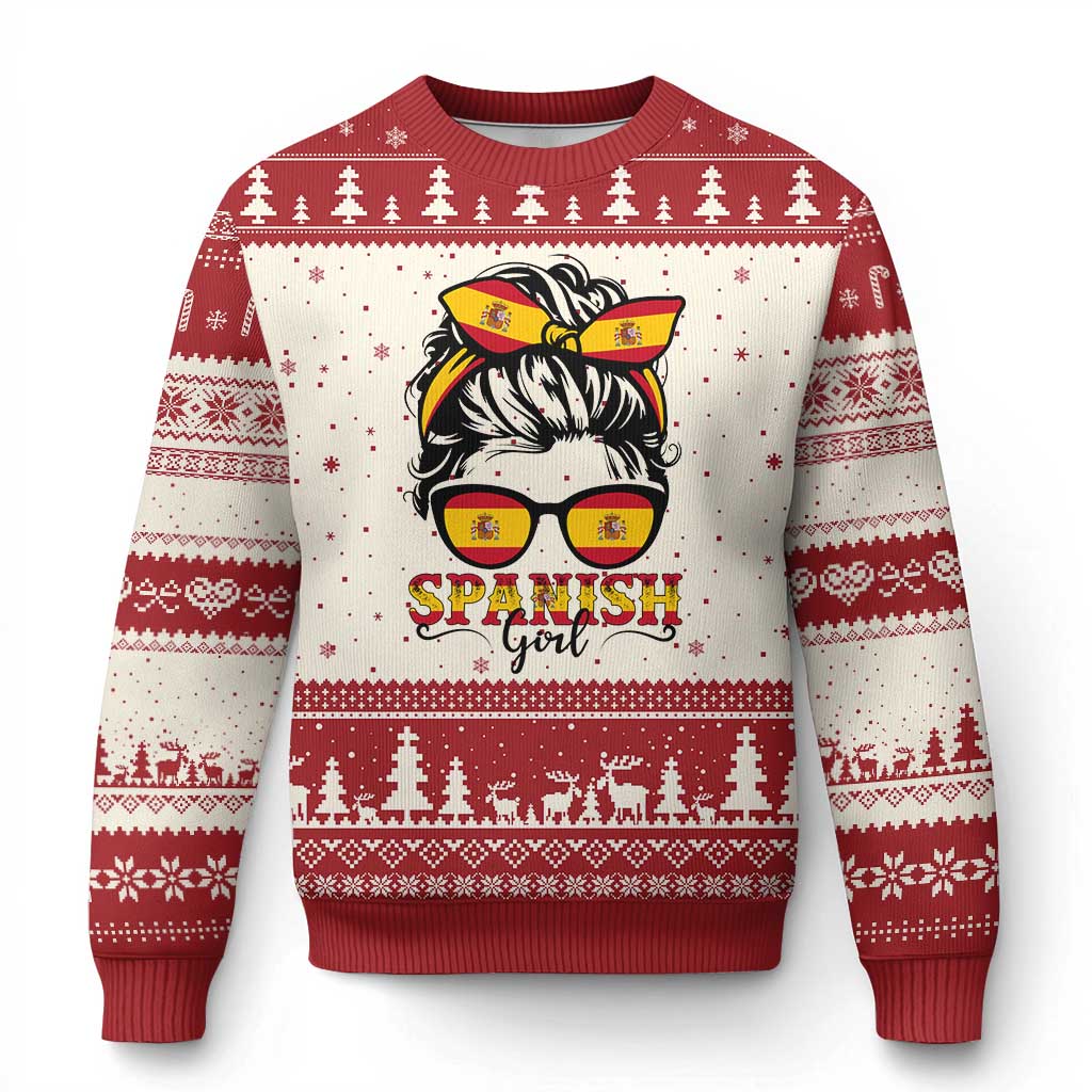 Espana Spain Messy Bun Girl Spanish Flag Ugly Christmas Sweater TS14 Beige Red Print Your Wear