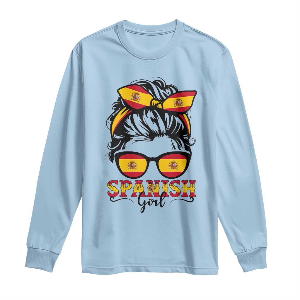Espana Spain Messy Bun Girl Spanish Flag Long Sleeve Shirt TS14 Light Blue Print Your Wear