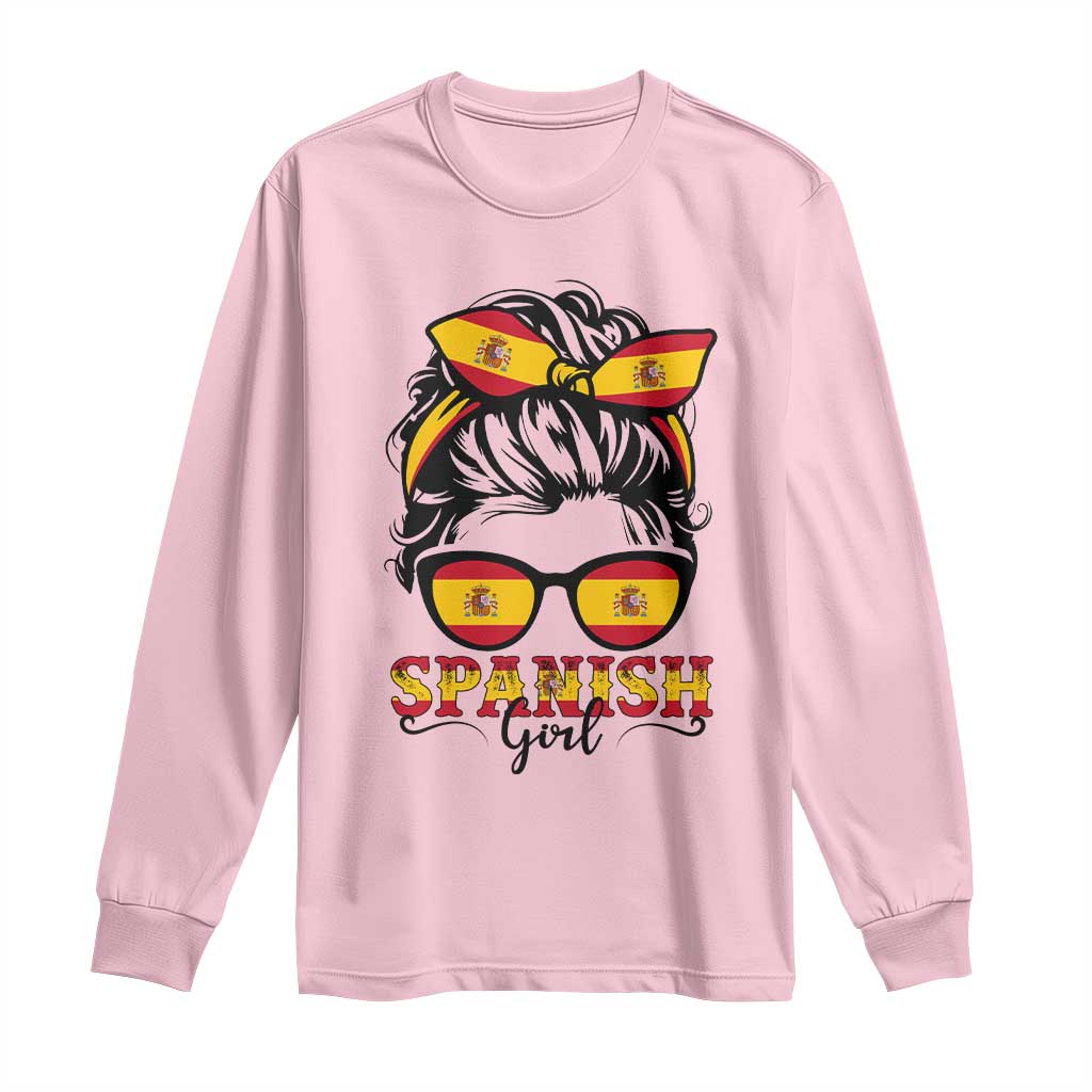 Espana Spain Messy Bun Girl Spanish Flag Long Sleeve Shirt TS14 Light Pink Print Your Wear