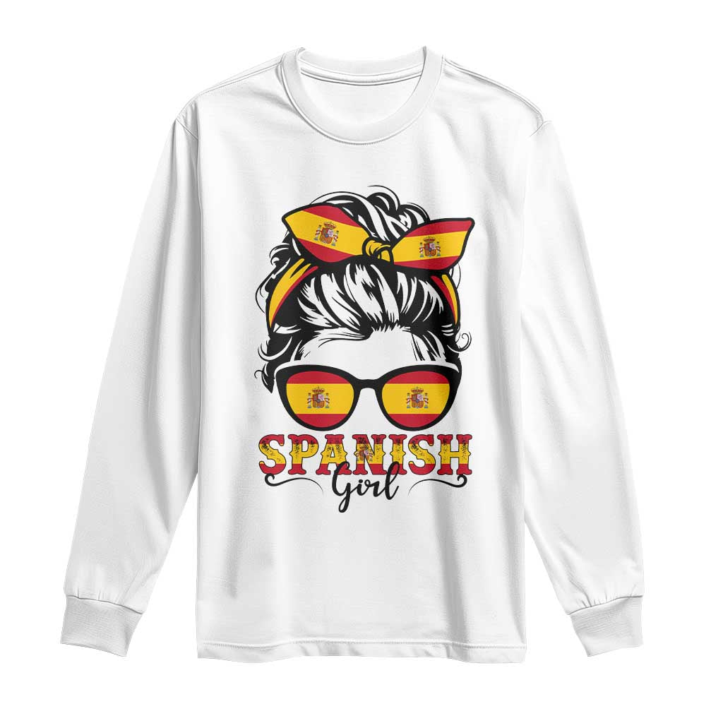 Espana Spain Messy Bun Girl Spanish Flag Long Sleeve Shirt TS14 White Print Your Wear