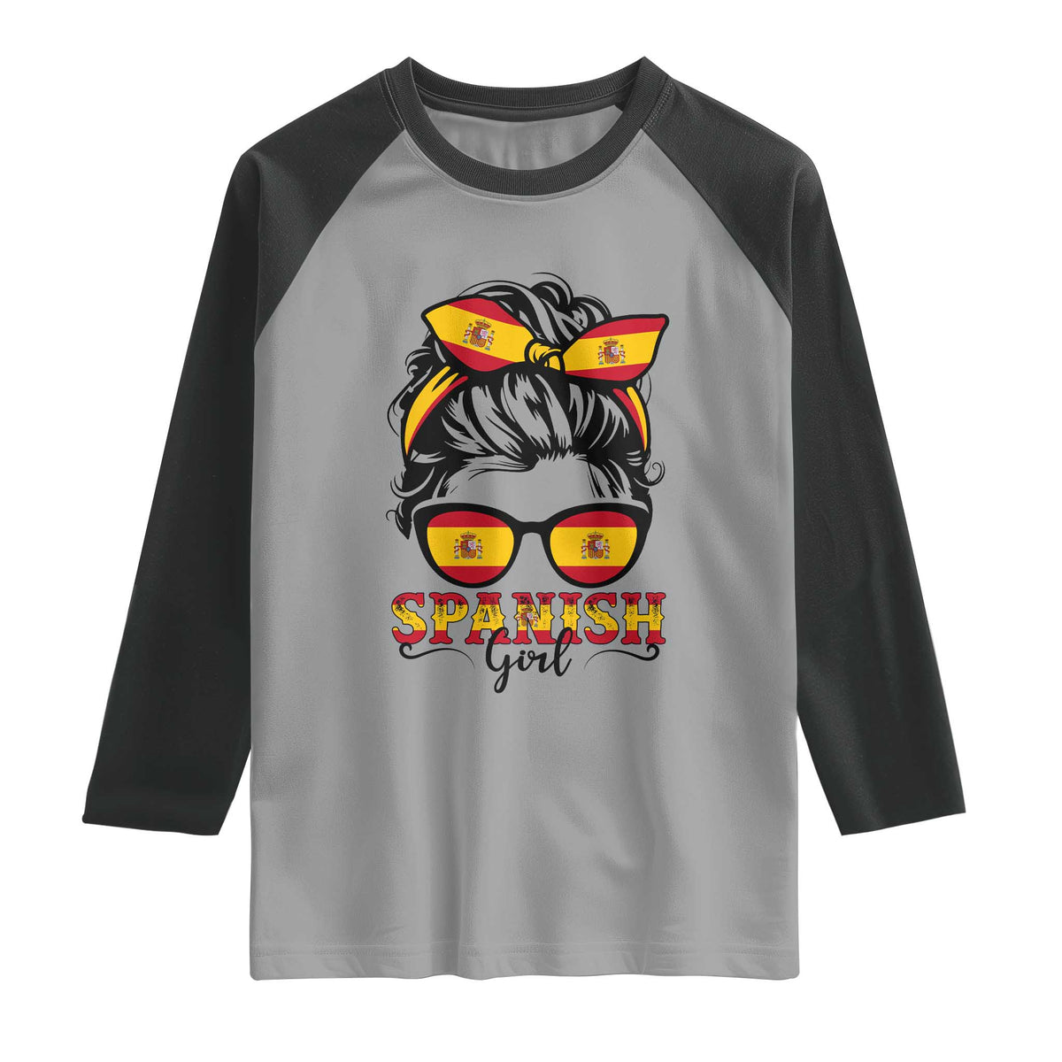 Espana Spain Messy Bun Girl Spanish Flag Raglan Shirt TS14 Sport Gray Black Print Your Wear