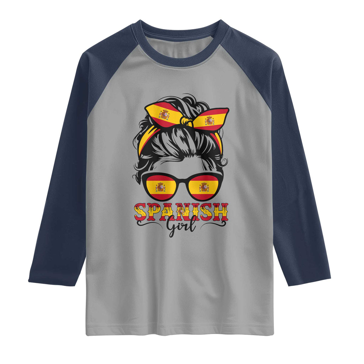 Espana Spain Messy Bun Girl Spanish Flag Raglan Shirt TS14 Sport Gray Navy Print Your Wear