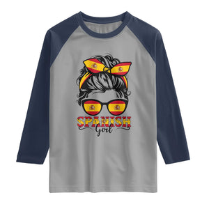 Espana Spain Messy Bun Girl Spanish Flag Raglan Shirt TS14 Sport Gray Navy Print Your Wear