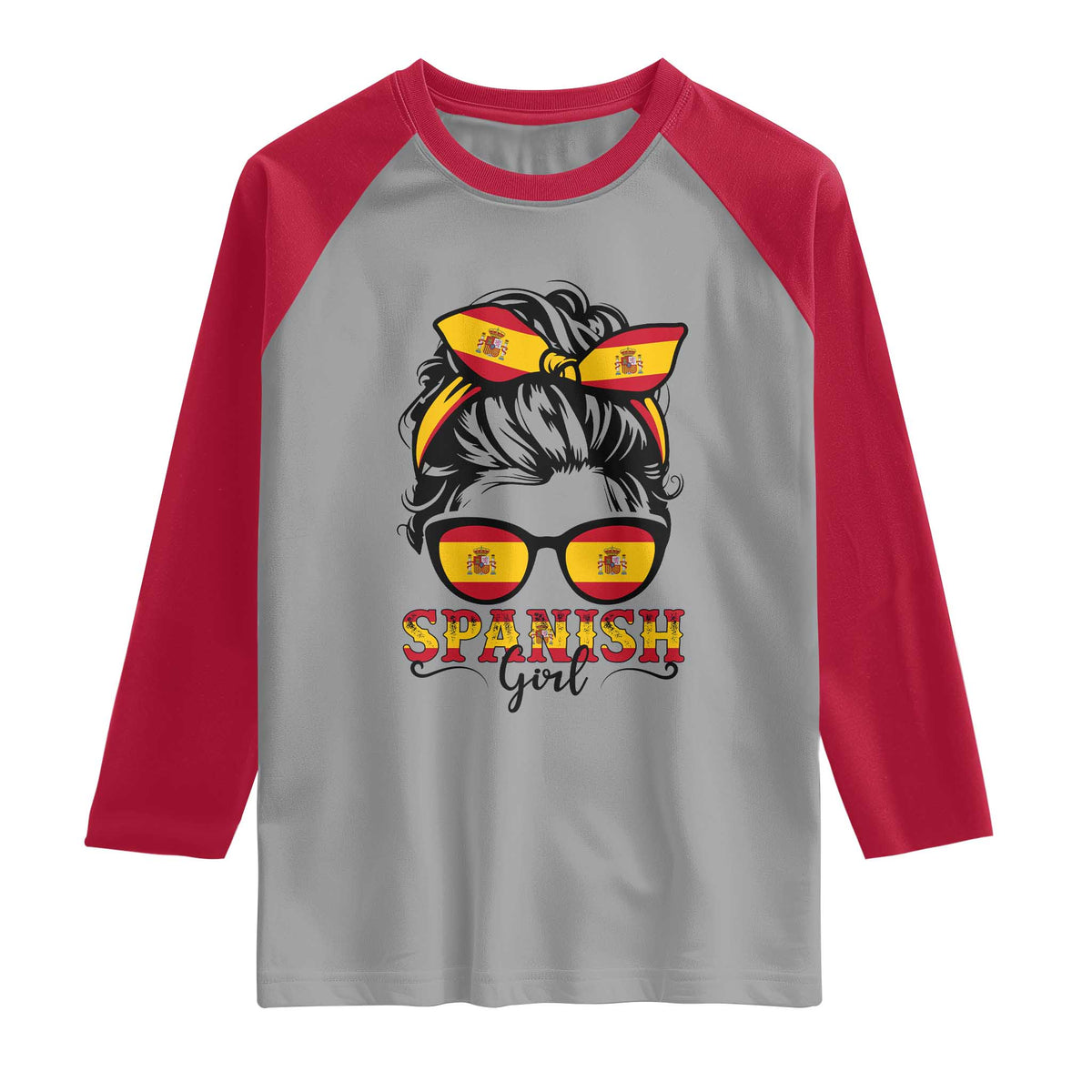 Espana Spain Messy Bun Girl Spanish Flag Raglan Shirt TS14 Sport Gray Red Print Your Wear