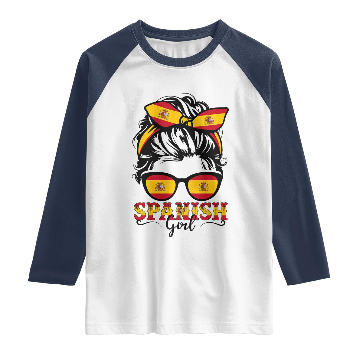 Espana Spain Messy Bun Girl Spanish Flag Raglan Shirt TS14 White Navy Print Your Wear