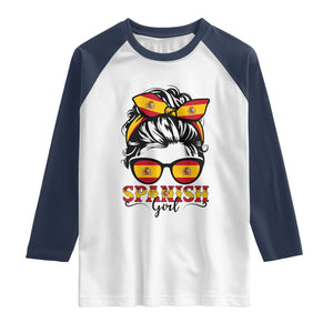Espana Spain Messy Bun Girl Spanish Flag Raglan Shirt TS14 White Navy Print Your Wear