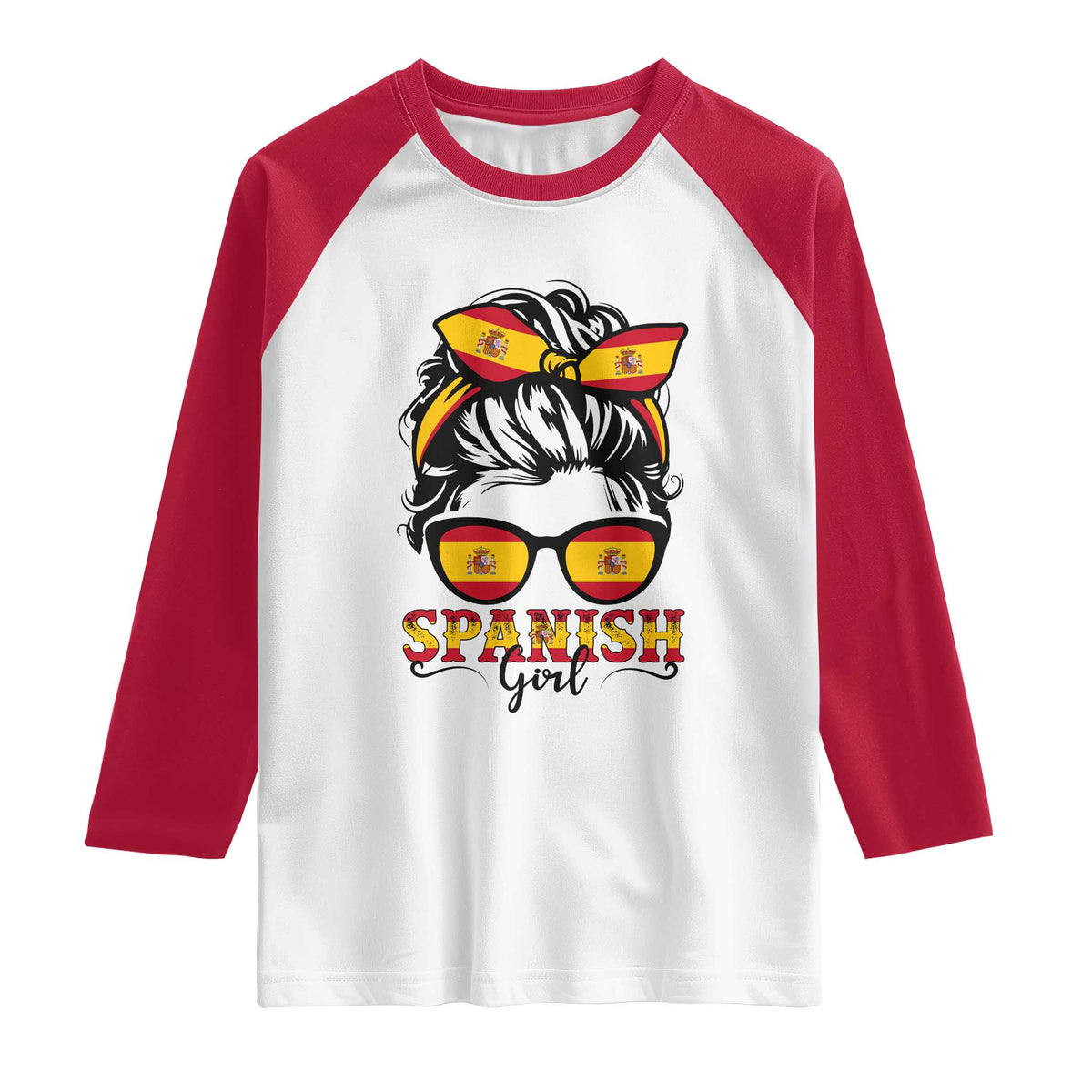 Espana Spain Messy Bun Girl Spanish Flag Raglan Shirt TS14 White Red Print Your Wear