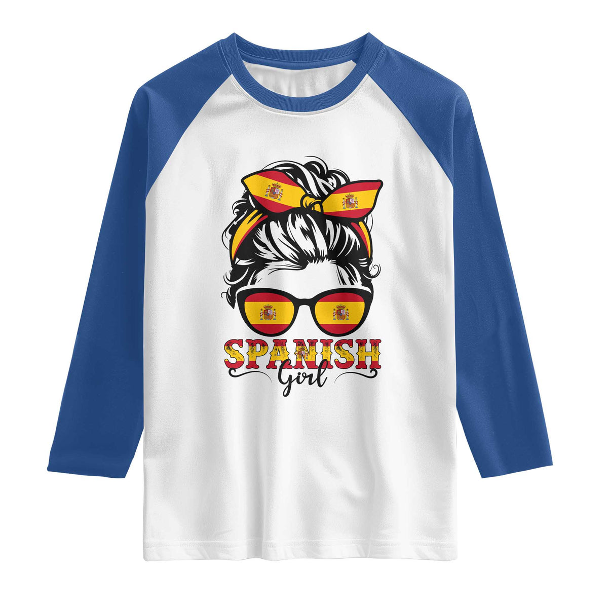 Espana Spain Messy Bun Girl Spanish Flag Raglan Shirt TS14 White Royal Print Your Wear