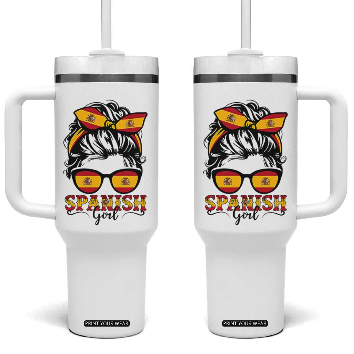 Espana Spain Messy Bun Girl Spanish Flag Tumbler With Handle TS14 One Size: 40 oz White Print Your Wear