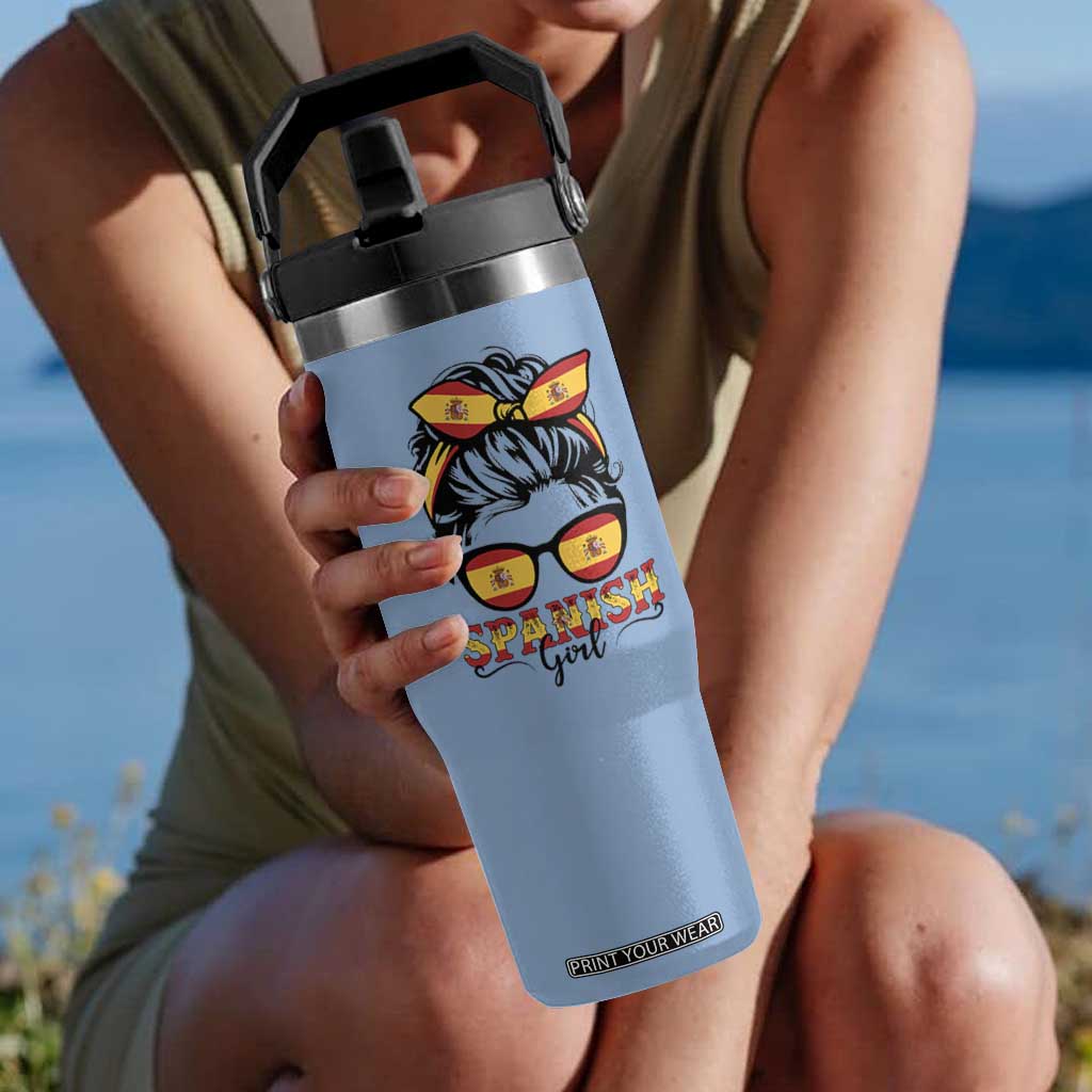 Espana Spain Messy Bun Girl Spanish Flag Flip Straw Tumbler TS14 One Size: 30 oz Light Blue Print Your Wear