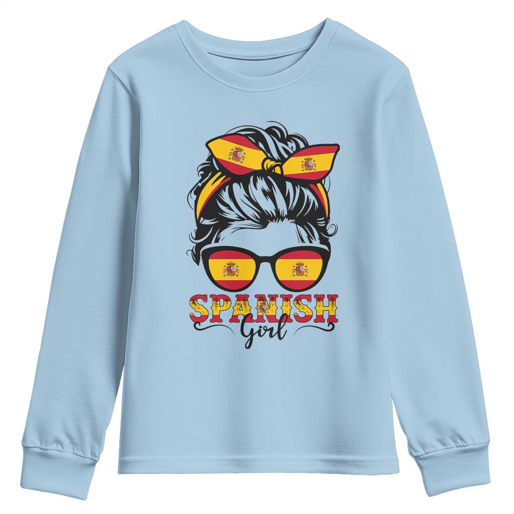 Espana Spain Messy Bun Girl Spanish Flag Youth Sweatshirt TS14 Light Blue Print Your Wear