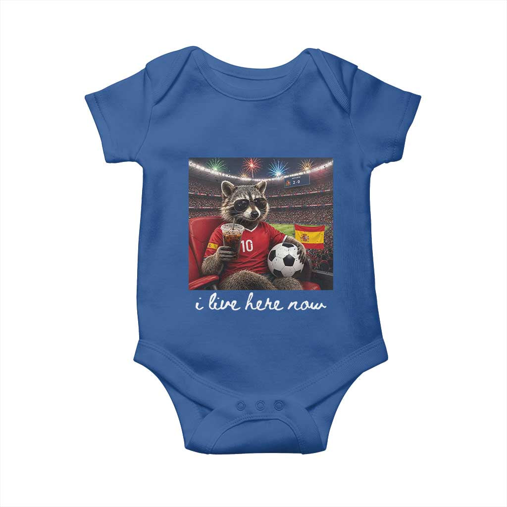 Espana Spain Soccer Football Fan Spanish Flag Baby Onesie Funny Raccoon I Live Here Now TS14 Royal Blue Print Your Wear