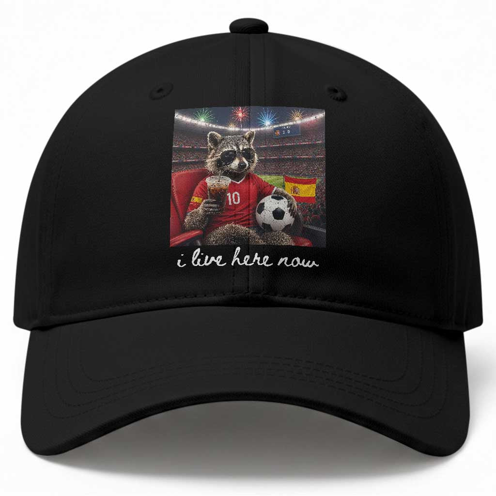Espana Spain Soccer Football Fan Spanish Flag Baseball Cap Funny Raccoon I Live Here Now TS14 Print Your Wear