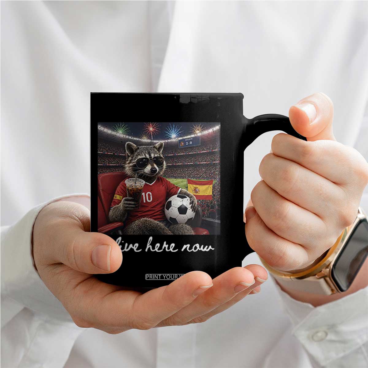 Espana Spain Soccer Football Fan Spanish Flag Coffee Mug Funny Raccoon I Live Here Now TS14 Print Your Wear