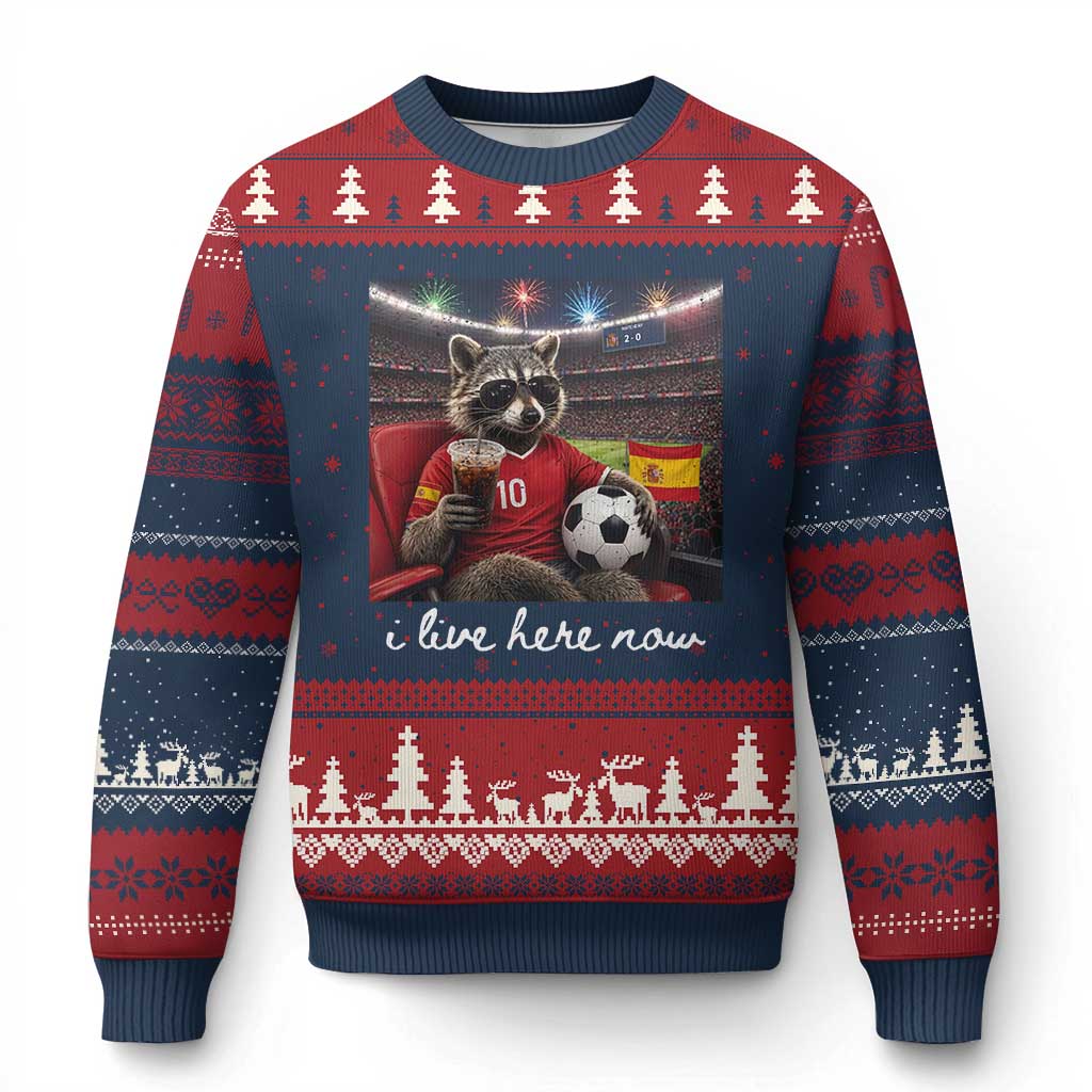 Espana Spain Soccer Football Fan Spanish Flag Ugly Christmas Sweater Funny Raccoon I Live Here Now TS14 Navy Red Print Your Wear