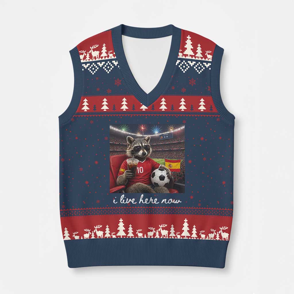 Espana Spain Soccer Football Fan Spanish Flag V-Neck Knit Sweater Vest Funny Raccoon I Live Here Now TS14 Navy Red Print Your Wear