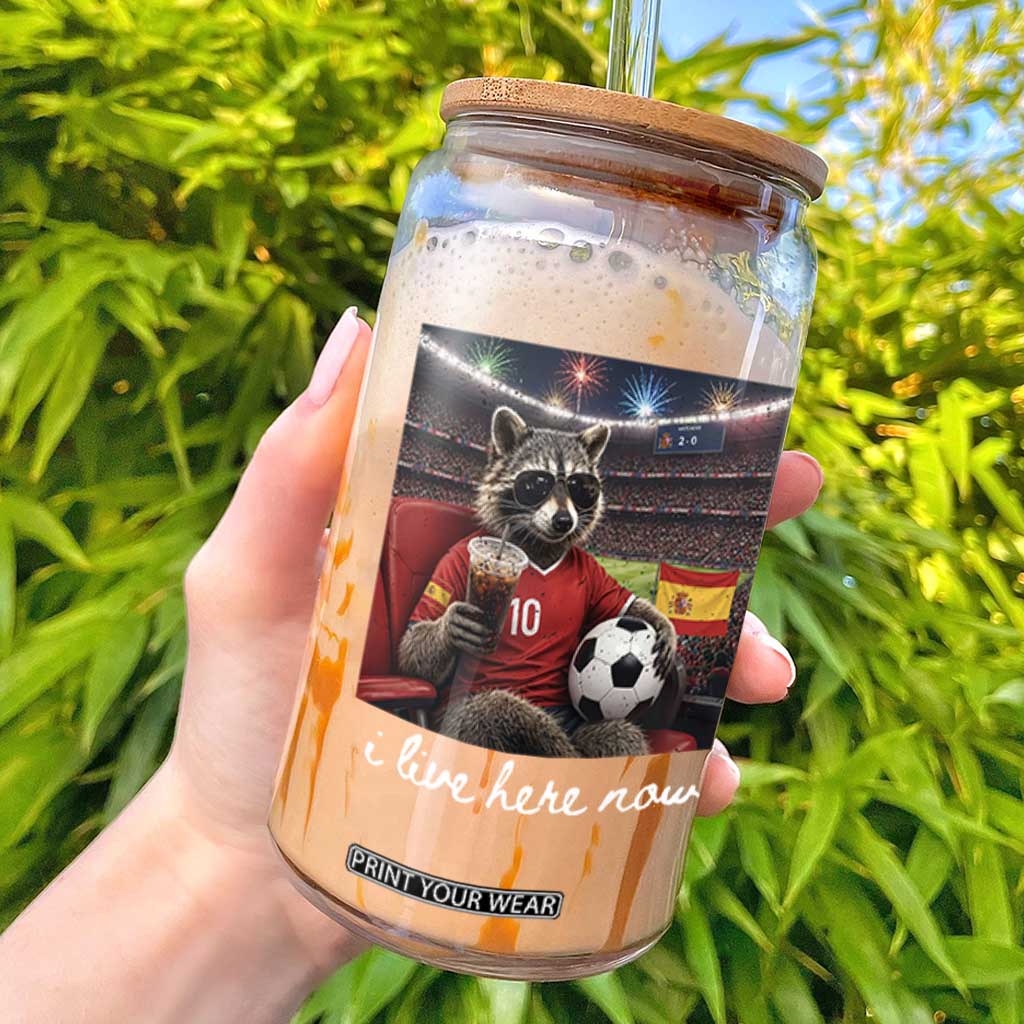 Espana Spain Soccer Football Fan Spanish Flag Glass Can Funny Raccoon I Live Here Now TS14 Black Print Your Wear