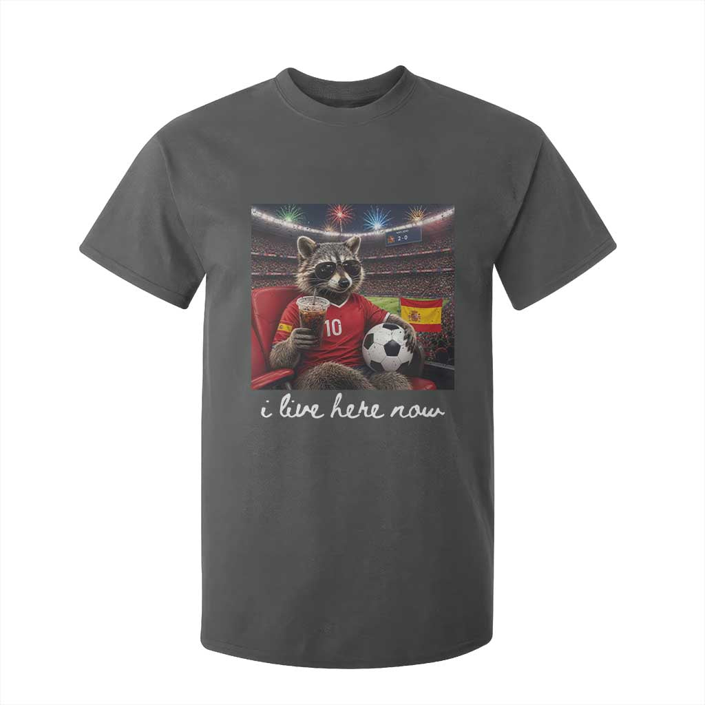 Espana Spain Soccer Football Fan Spanish Flag T Shirt For Kid Funny Raccoon I Live Here Now TS14 Dark Heather Print Your Wear