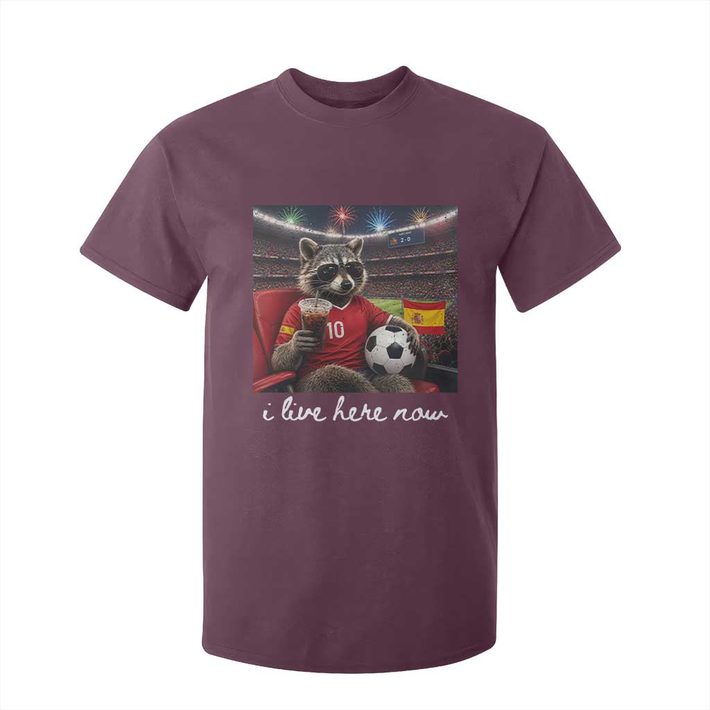 Espana Spain Soccer Football Fan Spanish Flag T Shirt For Kid Funny Raccoon I Live Here Now TS14 Maroon Print Your Wear