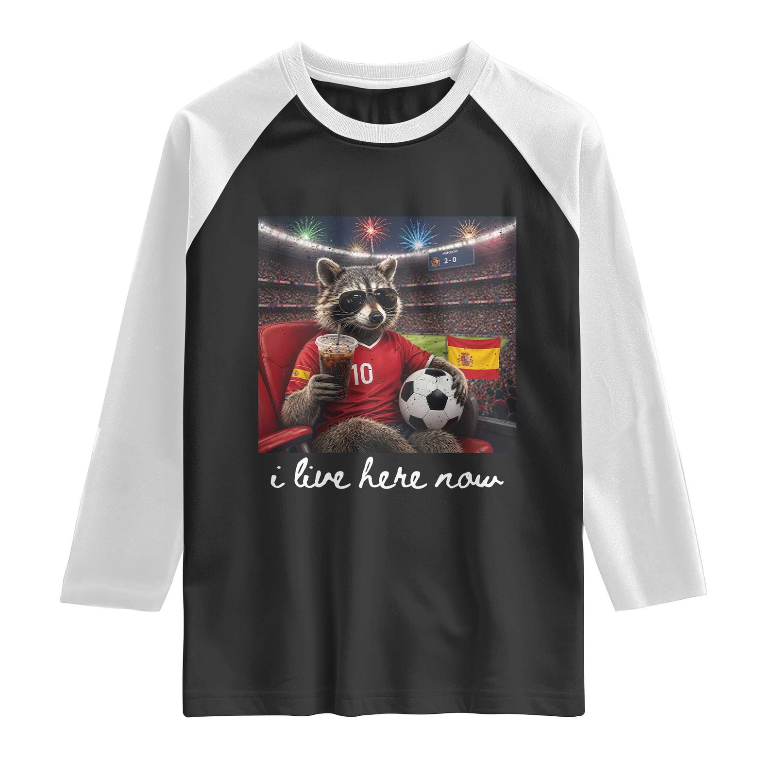 Espana Spain Soccer Football Fan Spanish Flag Raglan Shirt Funny Raccoon I Live Here Now TS14 Black White Print Your Wear