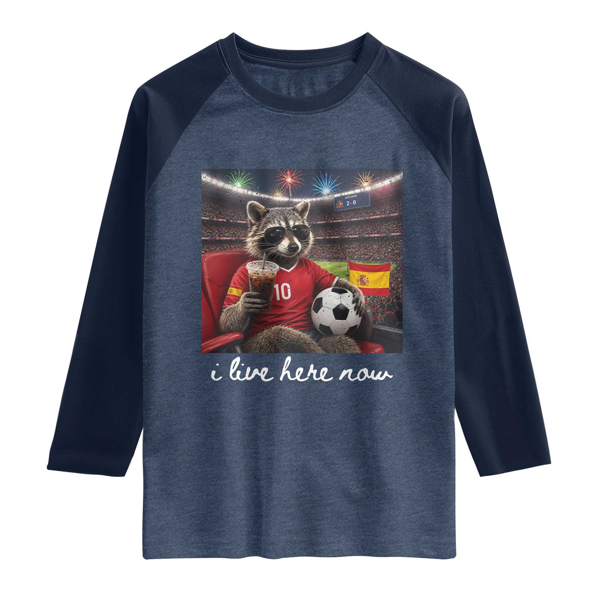 Espana Spain Soccer Football Fan Spanish Flag Raglan Shirt Funny Raccoon I Live Here Now TS14 Heather Denim Navy Print Your Wear