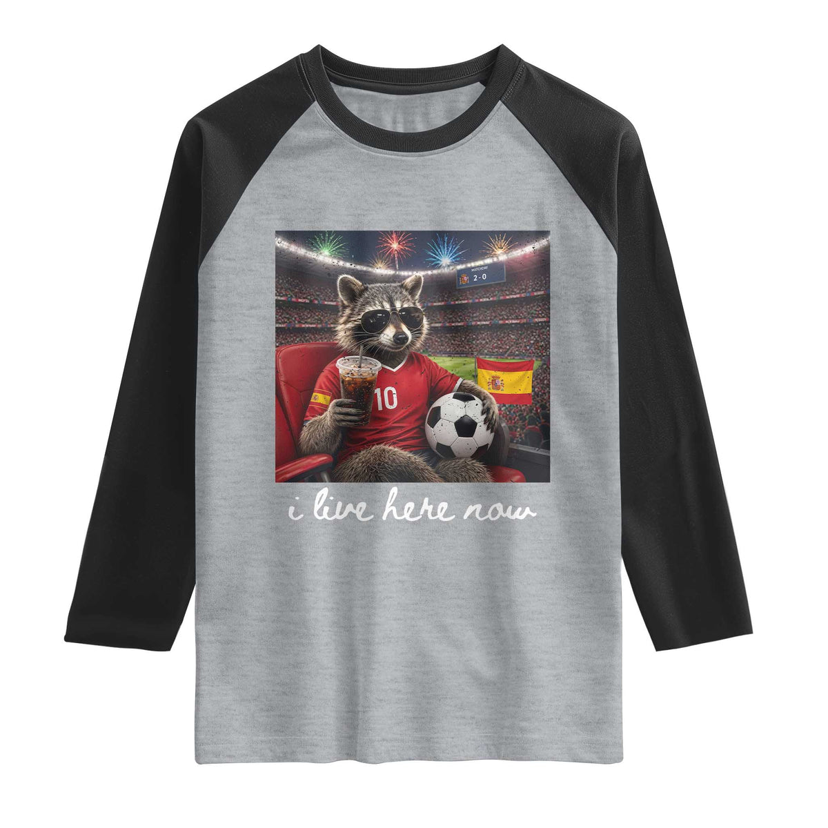 Espana Spain Soccer Football Fan Spanish Flag Raglan Shirt Funny Raccoon I Live Here Now TS14 Heather Gray Black Print Your Wear