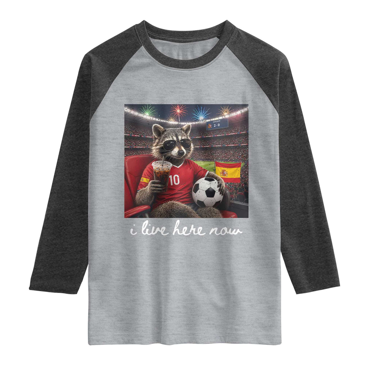Espana Spain Soccer Football Fan Spanish Flag Raglan Shirt Funny Raccoon I Live Here Now TS14 Heather Gray Heather Charcoal Print Your Wear
