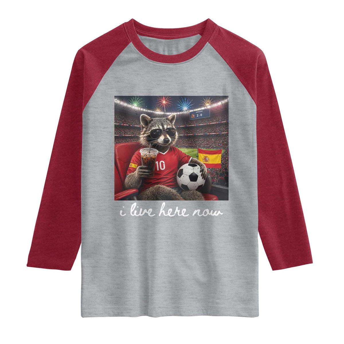 Espana Spain Soccer Football Fan Spanish Flag Raglan Shirt Funny Raccoon I Live Here Now TS14 Heather Gray Heather Red Print Your Wear