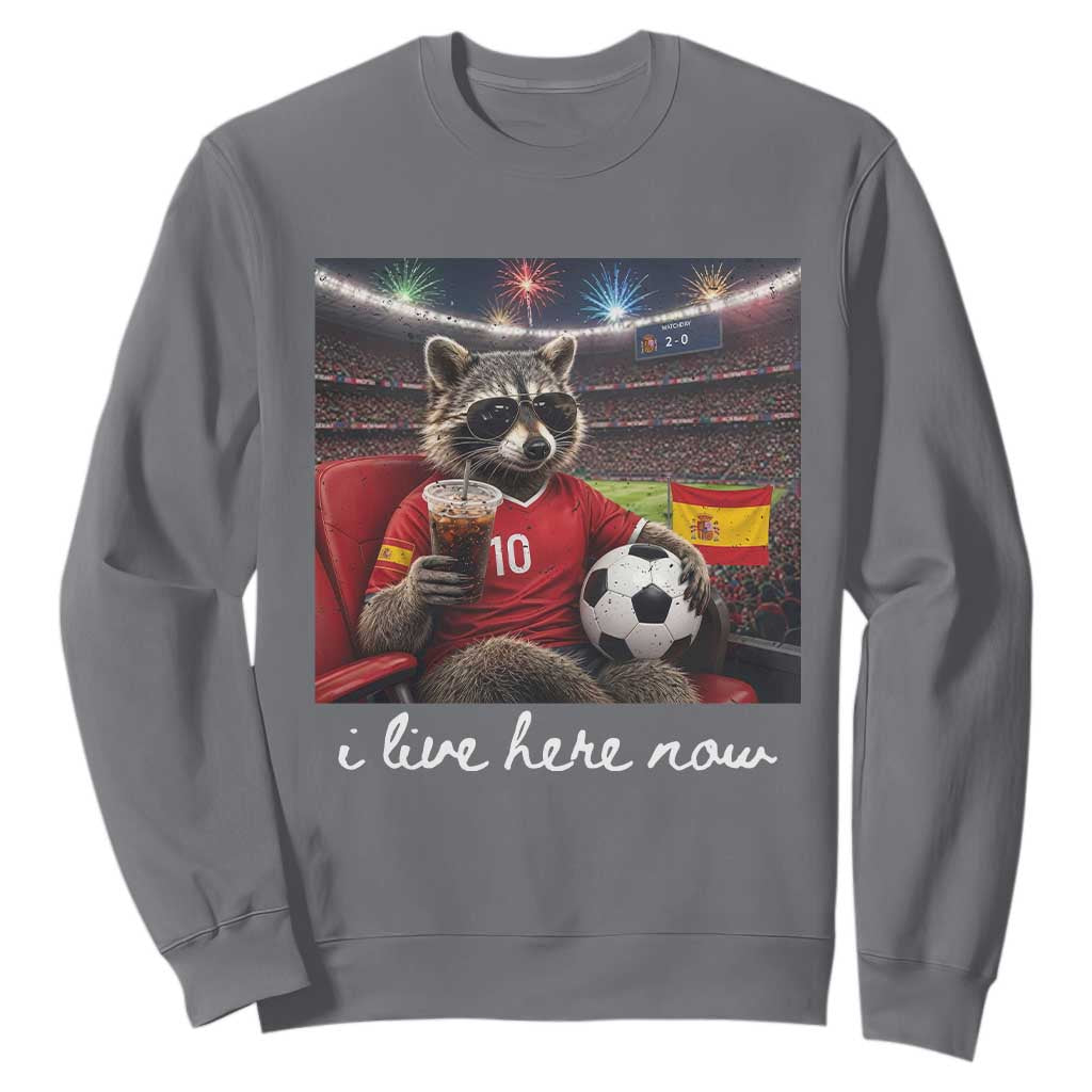 Espana Spain Soccer Football Fan Spanish Flag Sweatshirt Funny Raccoon I Live Here Now TS14 Charcoal Print Your Wear