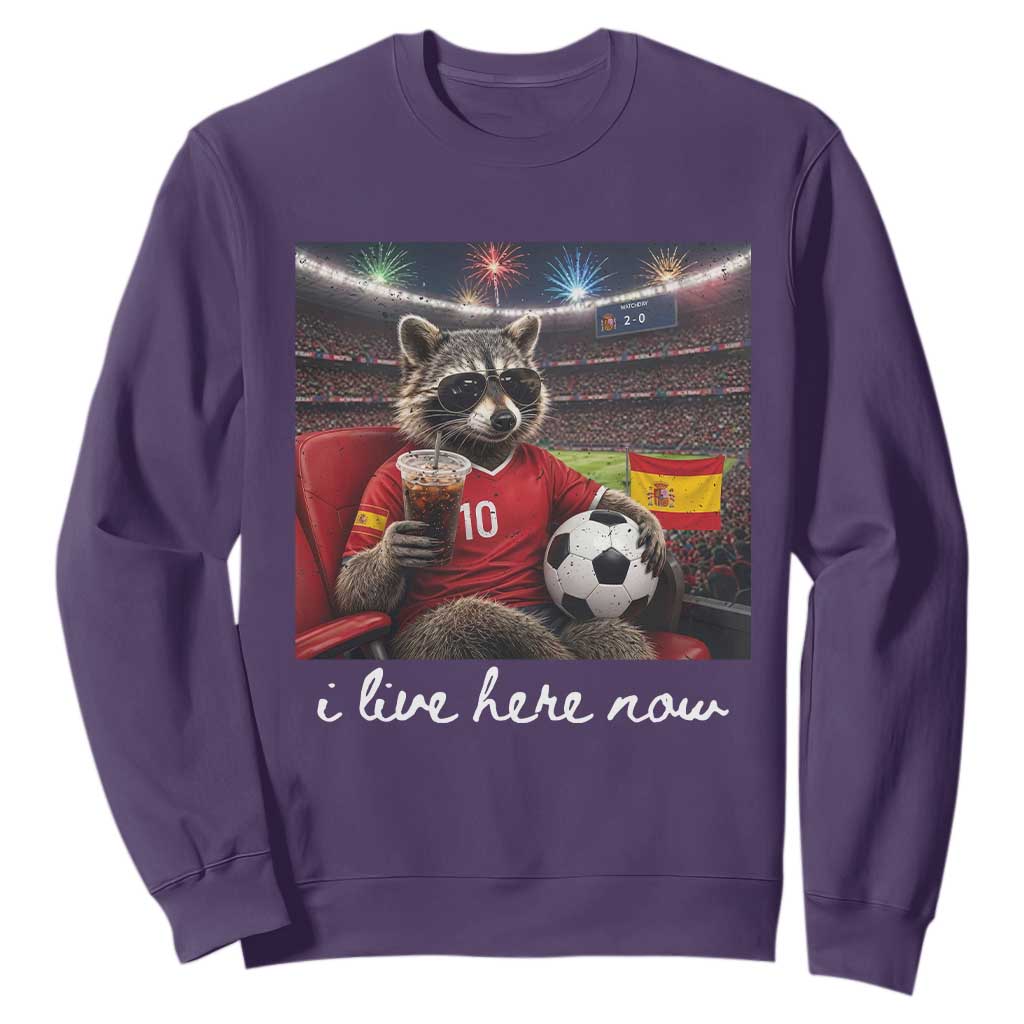 Espana Spain Soccer Football Fan Spanish Flag Sweatshirt Funny Raccoon I Live Here Now TS14 Purple Print Your Wear