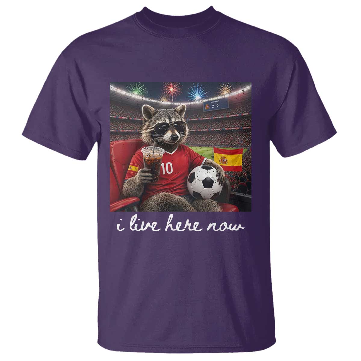 Espana Spain Soccer Football Fan Spanish Flag T Shirt Funny Raccoon I Live Here Now TS14 Purple Print Your Wear