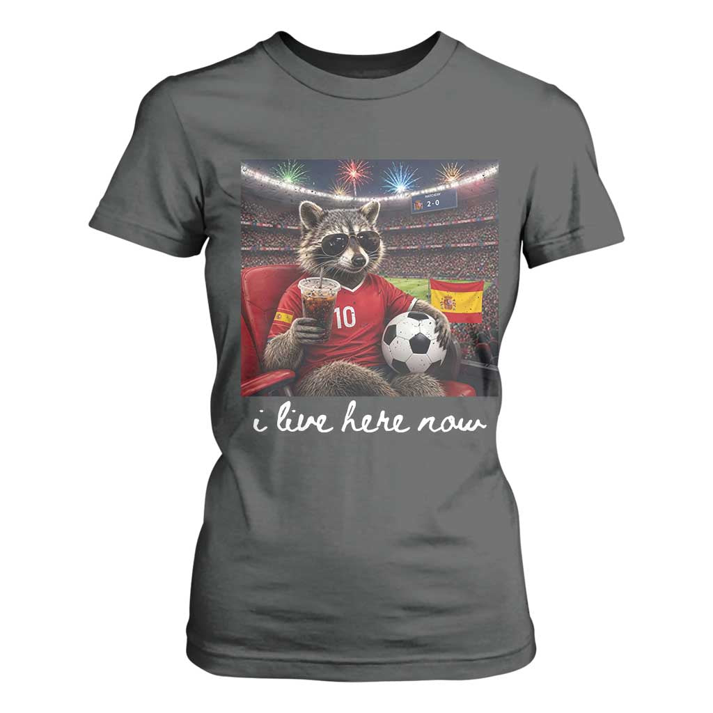 Espana Spain Soccer Football Fan Spanish Flag T Shirt For Women Funny Raccoon I Live Here Now TS14 Dark Heather Print Your Wear