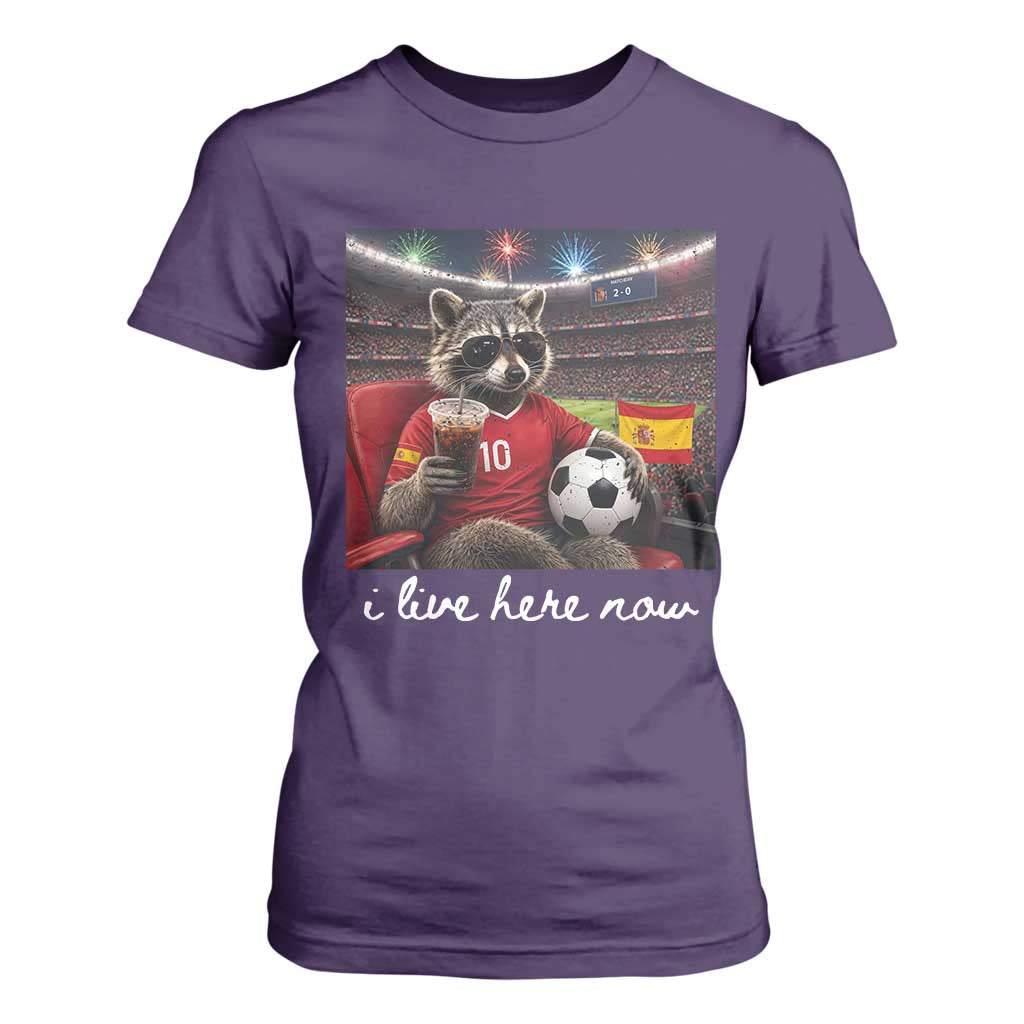 Espana Spain Soccer Football Fan Spanish Flag T Shirt For Women Funny Raccoon I Live Here Now TS14 Purple Print Your Wear