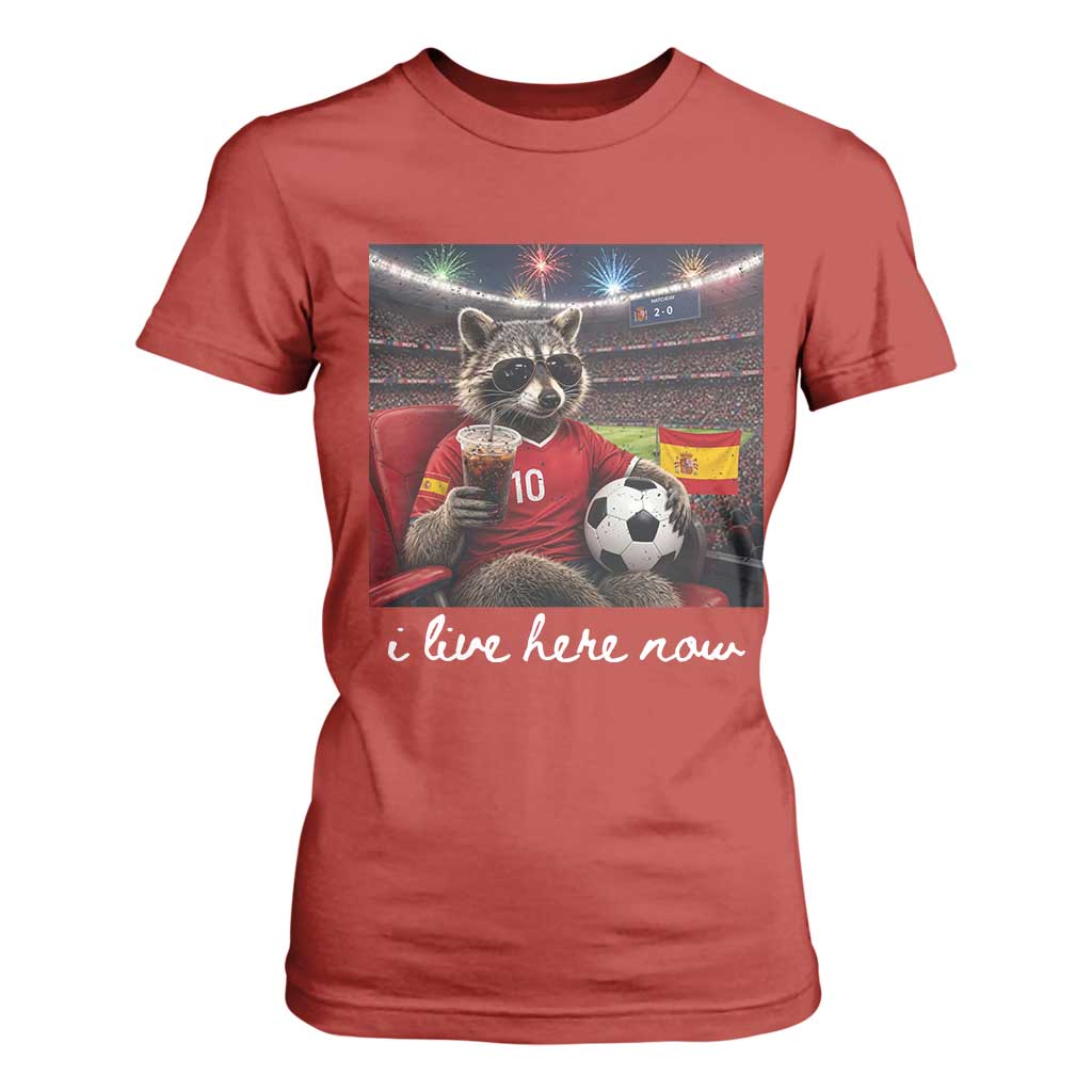 Espana Spain Soccer Football Fan Spanish Flag T Shirt For Women Funny Raccoon I Live Here Now TS14 Red Print Your Wear