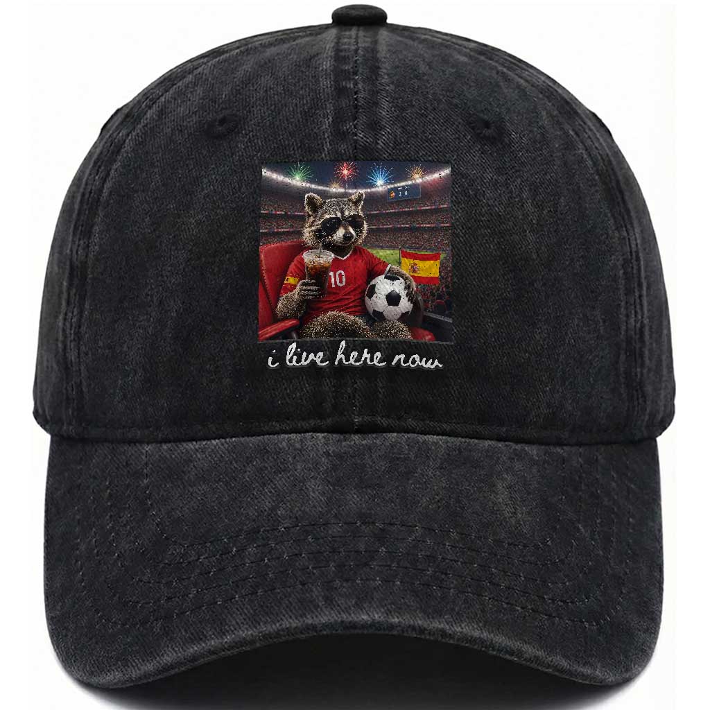 Espana Spain Soccer Football Fan Spanish Flag Washed Cotton Baseball Cap Funny Raccoon I Live Here Now TS14 Print Your Wear
