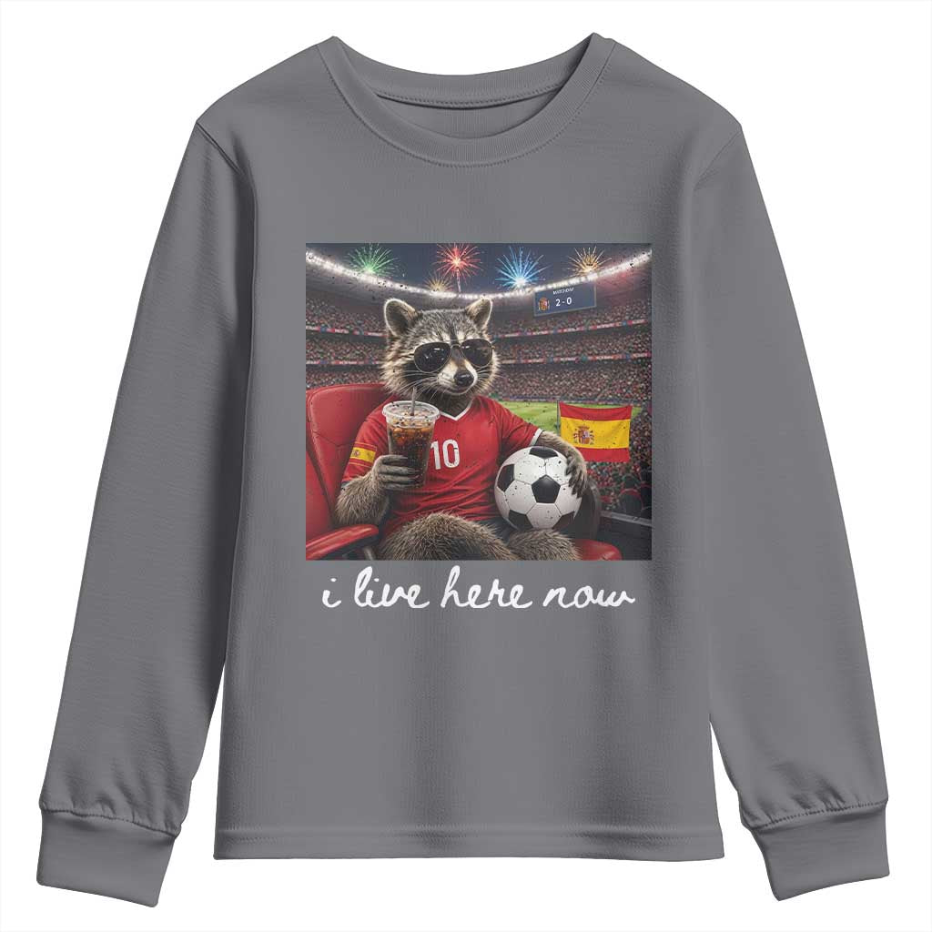 Espana Spain Soccer Football Fan Spanish Flag Youth Sweatshirt Funny Raccoon I Live Here Now TS14 Charcoal Print Your Wear