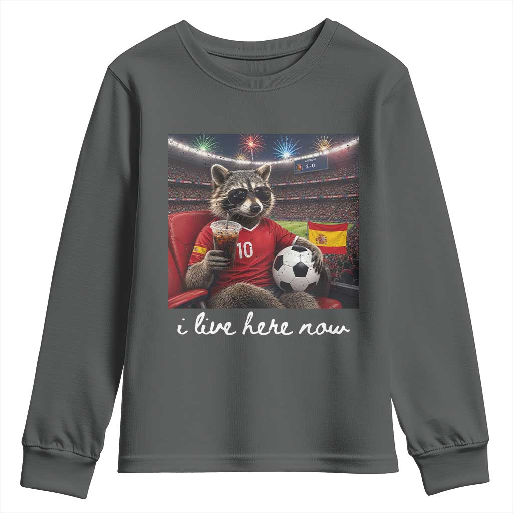 Espana Spain Soccer Football Fan Spanish Flag Youth Sweatshirt Funny Raccoon I Live Here Now TS14 Dark Heather Print Your Wear