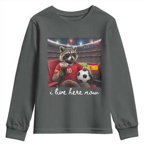 Espana Spain Soccer Football Fan Spanish Flag Youth Sweatshirt Funny Raccoon I Live Here Now TS14 Dark Heather Print Your Wear