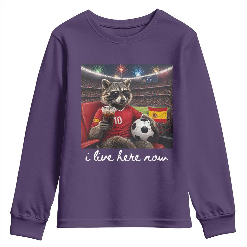 Espana Spain Soccer Football Fan Spanish Flag Youth Sweatshirt Funny Raccoon I Live Here Now TS14 Purple Print Your Wear