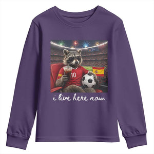 Espana Spain Soccer Football Fan Spanish Flag Youth Sweatshirt Funny Raccoon I Live Here Now TS14 Purple Print Your Wear