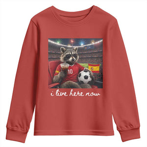 Espana Spain Soccer Football Fan Spanish Flag Youth Sweatshirt Funny Raccoon I Live Here Now TS14 Red Print Your Wear