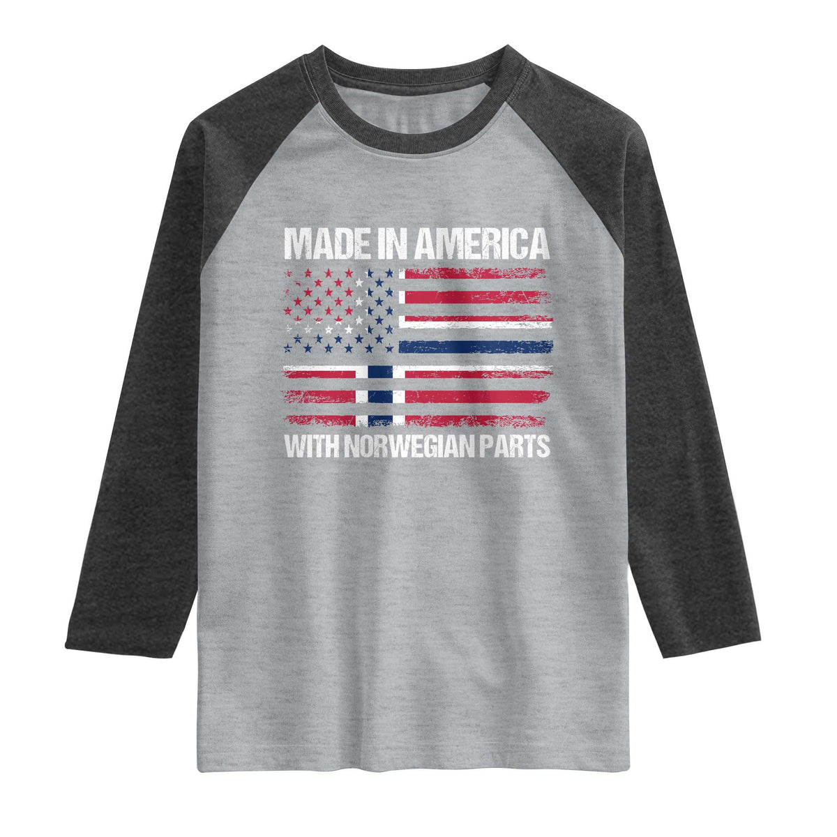 Made in America with Norwegian Parts Raglan Shirt Half American Flag USA Norway Pride TS14 Heather Gray Heather Charcoal Print Your Wear