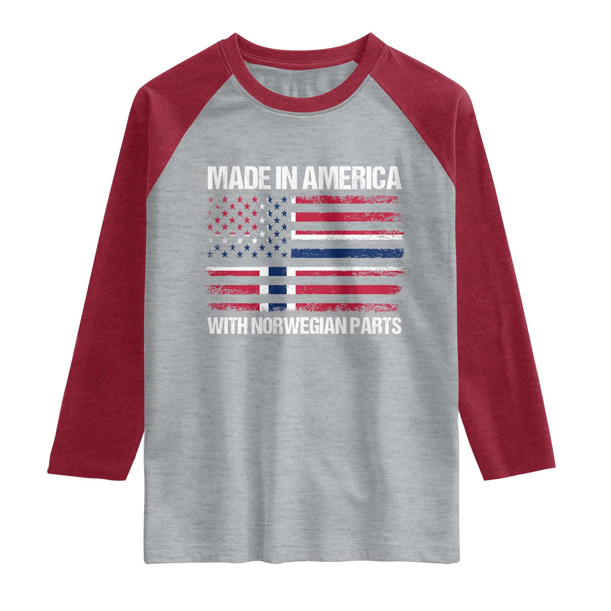 Made in America with Norwegian Parts Raglan Shirt Half American Flag USA Norway Pride TS14 Heather Gray Heather Red Print Your Wear