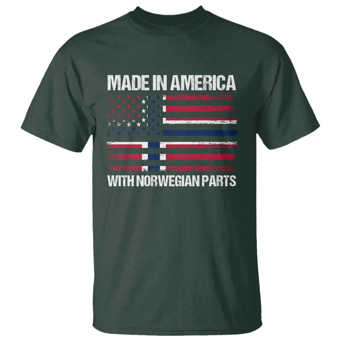 Made in America with Norwegian Parts T Shirt Half American Flag USA Norway Pride TS14 Dark Forest Green Print Your Wear