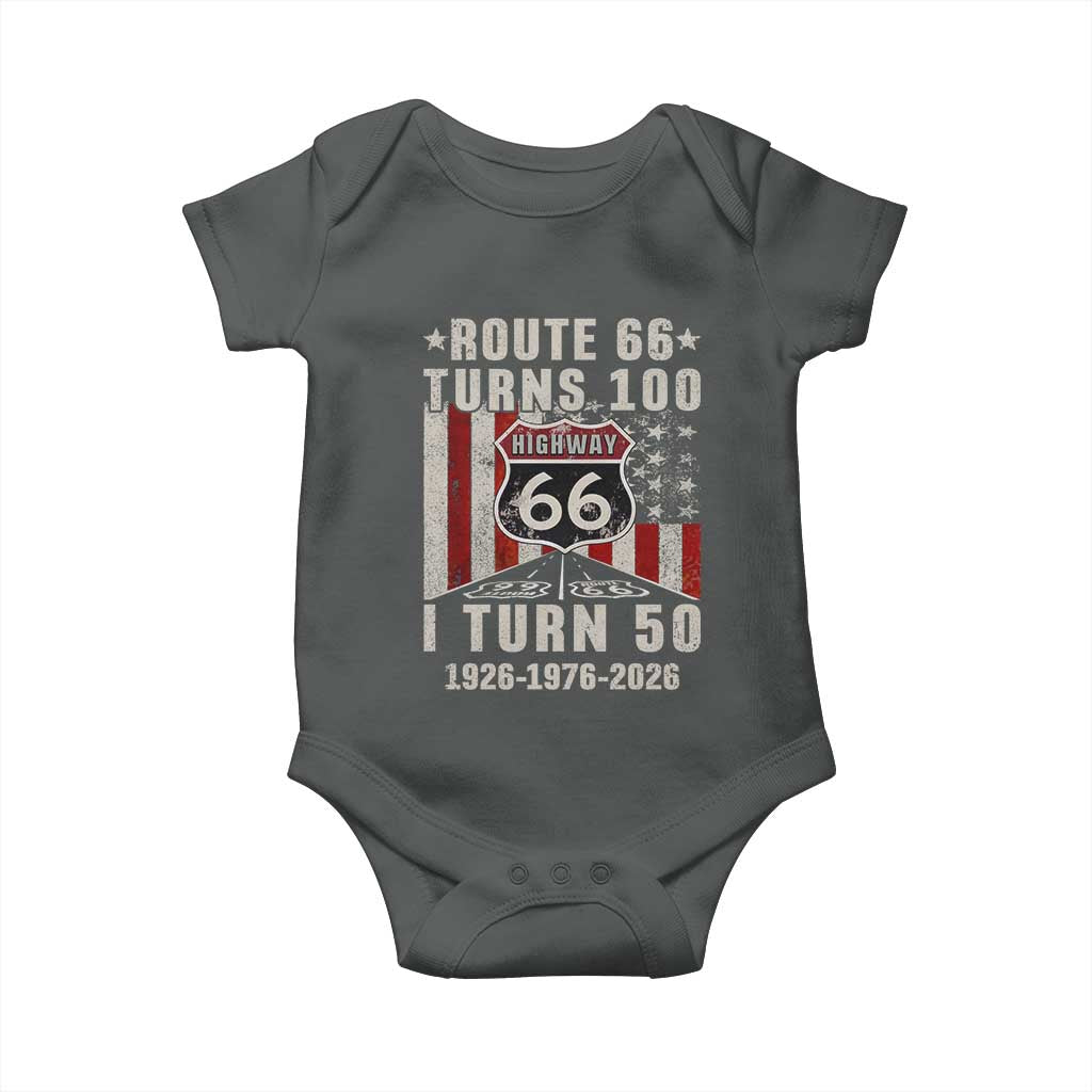 Highway 66 Turn 100 I Turn 50 Baby Onesie Vintage 1976 Born American Road Sign Centennial 2026 TS14 Dark Heather Print Your Wear
