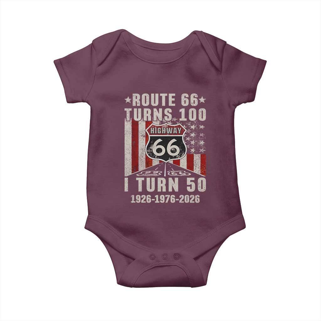 Highway 66 Turn 100 I Turn 50 Baby Onesie Vintage 1976 Born American Road Sign Centennial 2026 TS14 Maroon Print Your Wear