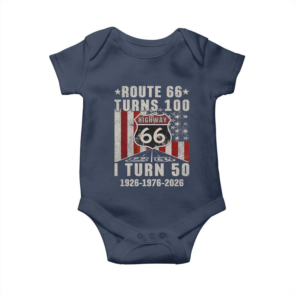 Highway 66 Turn 100 I Turn 50 Baby Onesie Vintage 1976 Born American Road Sign Centennial 2026 TS14 Navy Print Your Wear