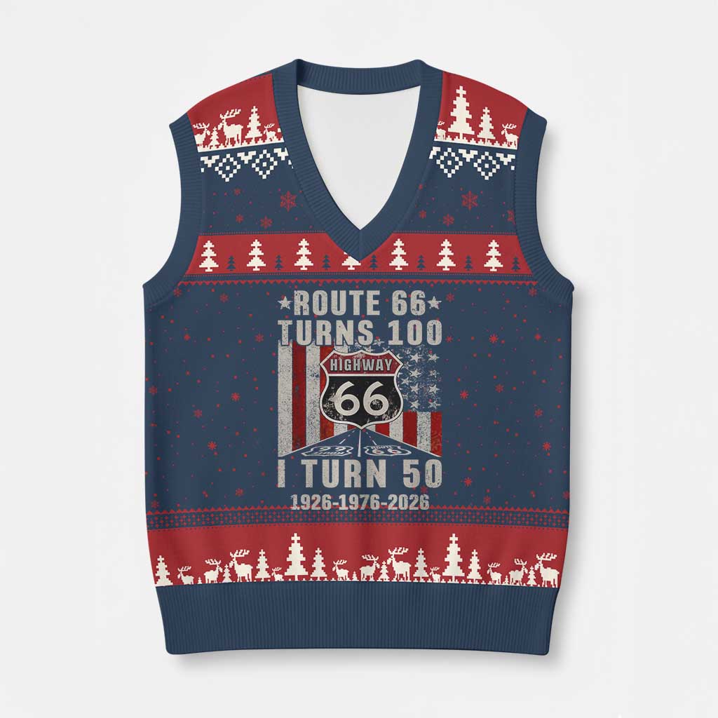 Route Highway 66 Turns 100 I Turn 50 V-Neck Knit Sweater Vest Vintage 1976 Born American Road Sign Centennial 2026 TS14 Navy Red Print Your Wear