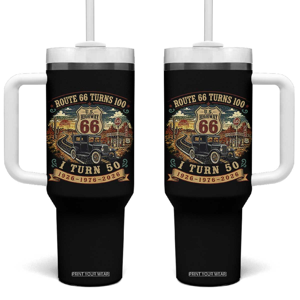 Highway 66 Turn 100 I Turn 50 Tumbler With Handle Vintage 1976 Road Sign Antique Car Lover 50 Year Old Gift TS14 One Size: 40 oz Black Print Your Wear