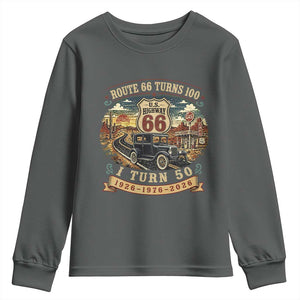 Highway 66 Turn 100 I Turn 50 Youth Sweatshirt Vintage 1976 Road Sign Antique Car Lover 50 Year Old Gift TS14 Dark Heather Print Your Wear